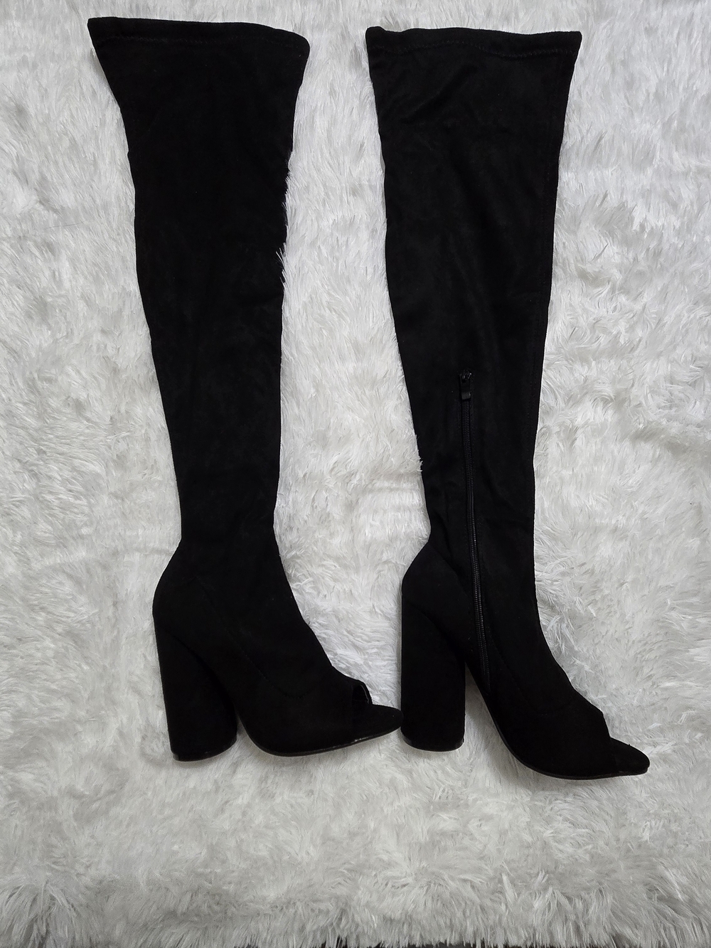 Black Over-the-Knee Peep-Toe Block Heel Boots